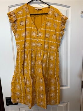 LOFT Yellow Eyelet Tiered V-Neck Dress with Ruffle Sleeves